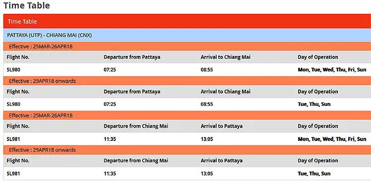 horaires vols pattaya chiang mai thailande