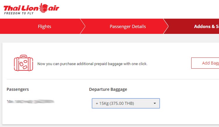supplément bagage vol interieur thai lion air thailande